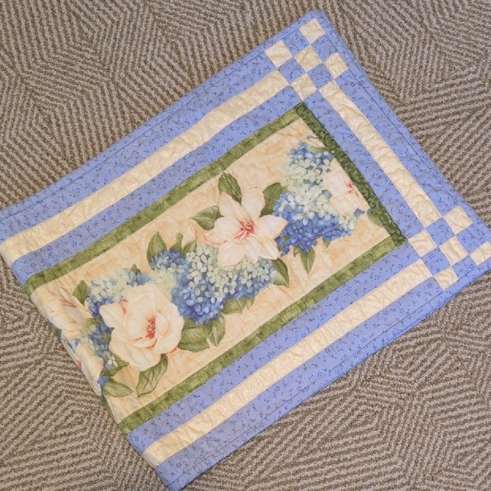 Handmade Floral Patchwork Quilt Table Runner Wall Hanging Hydrangea Blue Cream